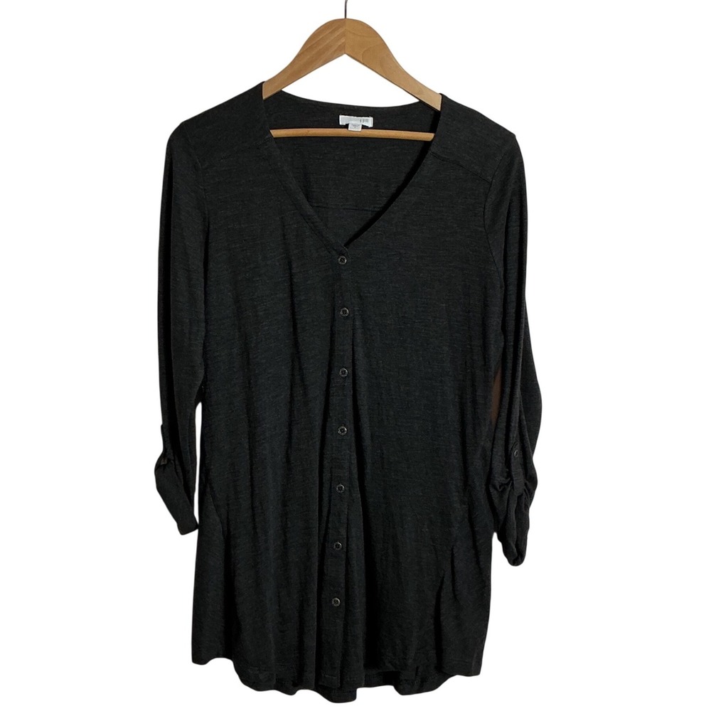 J. Jill Small Charcoal Gray Heathered Roll Tab Button Front Tunic Top Oversized